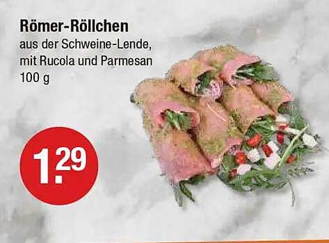 Römer-Röllchen aus der Schweine-Lende, mit Rucola und Parmesan 100 g