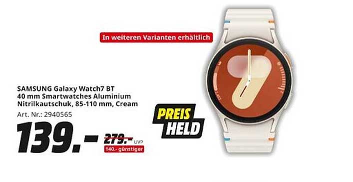 SAMSUNG Galaxy Watch7 BT 40 mm Smartwatch Aluminium Nitrilkautschuk, Cream