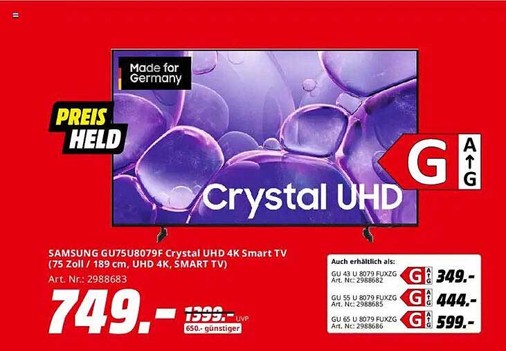 SAMSUNG GU75U8079F Crystal UHD 4K Smart TV (75 Zoll / 189 cm, UHD 4K, SMART TV)