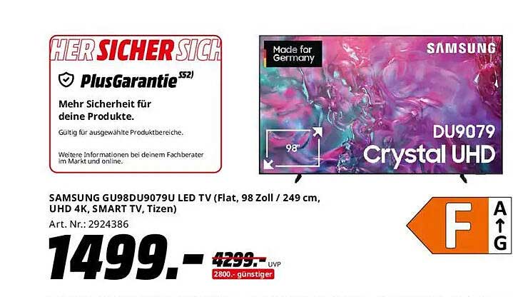 SAMSUNG GU98DU9079U LED TV (Flat, 98 Zoll / 249 cm, UHD 4K, SMART TV, Tizen)