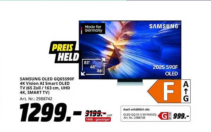 SAMSUNG OLED GQ65590F 4K Vision AI Smart OLED TV (65 Zoll / 163 cm, UHD 4K, SMART TV)