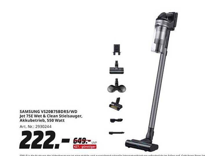 SAMSUNG VS20B75BDR5/WD Jet 75E Wet & Clean Stielsauger, Akkubetrieb, 550 Watt