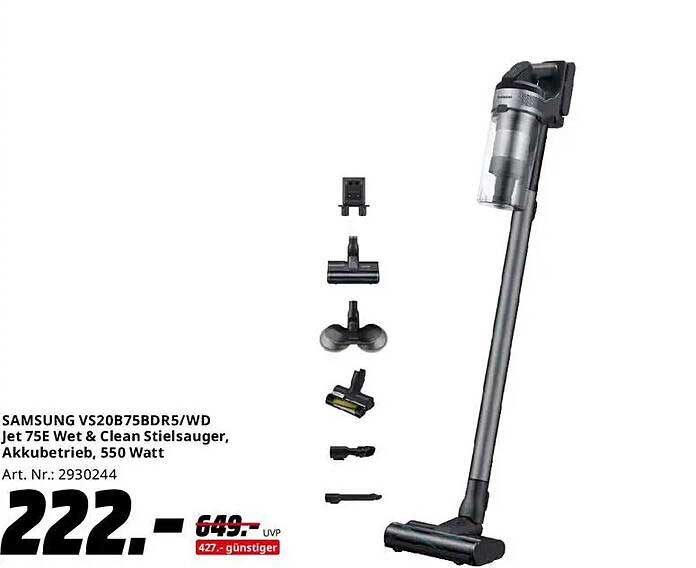 SAMSUNG VS20B75BDR5/WD Jet 75E Wet & Clean Stielsauger, Akkubetrieb, 550 Watt