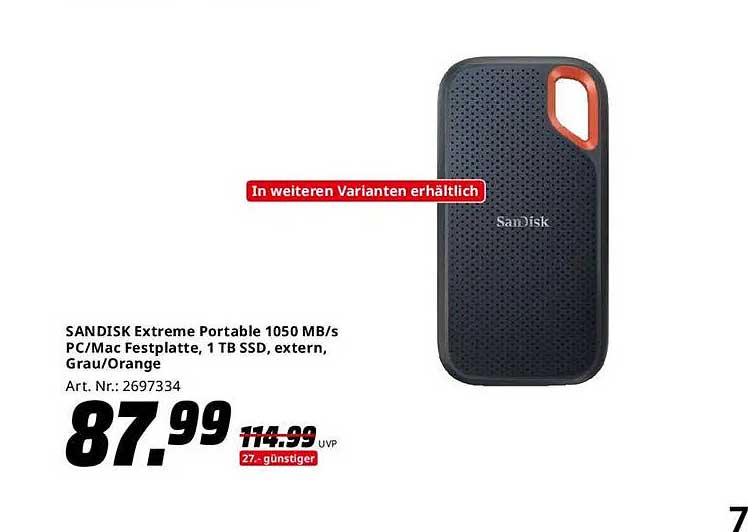 SANDISK Extreme Portable 1050 MB/s PC/Mac Festplatte, 1 TB SSD, extern, Grau/Orange