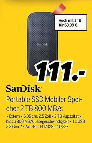 SanDisk Portable SSD Mobiler Speicher 2 TB 800 MB/s