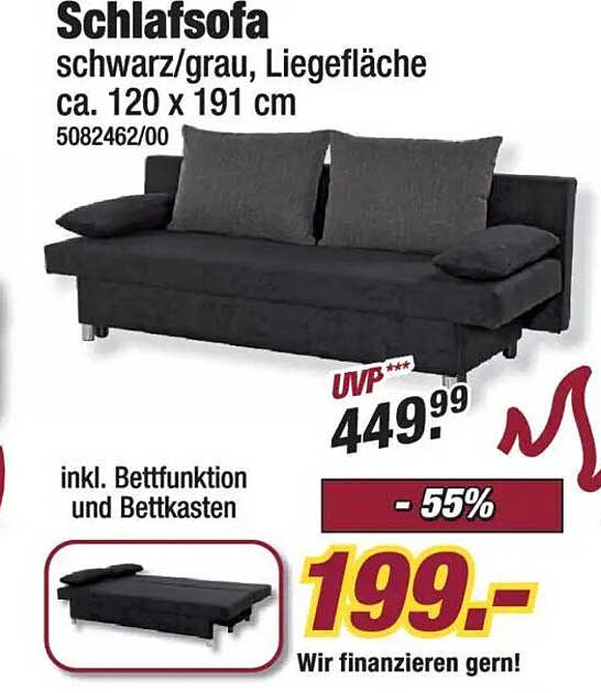 Schlafsofa schwarz/grau, Liegefläche ca. 120 x 191 cm