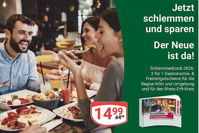 Schlemmerblock 2026: 2 für 1 Gastronomie- & Freizeitgutscheine für die Region Köln und Umgebung