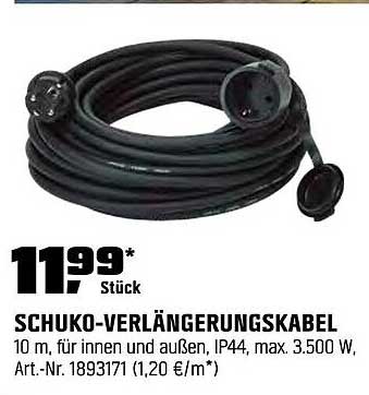 SCHUKO-VERLÄNGERUNGSKABEL 10 m für innen und außen, IP44, max. 3.500 W