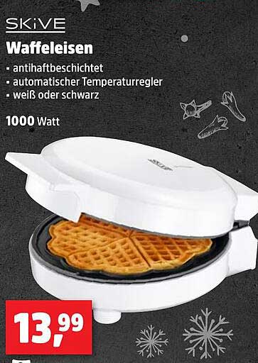 SKiVE Waffeleisen - 1000 Watt mit antibhafftbeschichteter Oberfläche und automatischem Temperaturrregler