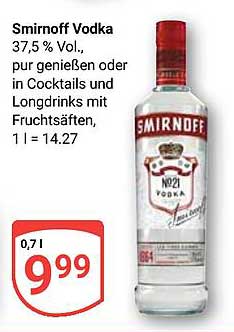 Smirnoff Vodka 0,7 l für nur 9,99 €