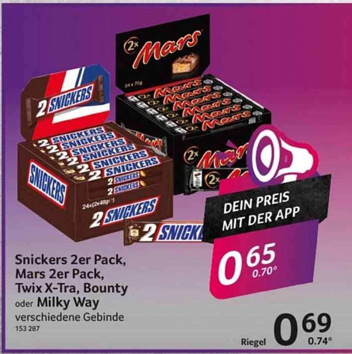 Snickers 2er Pack, Mars 2er Pack, Twix X-Tra, Bounty oder Milky Way - verschiedene Gebinde