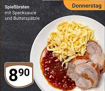 Spießbraten mit Specksauce und Butterspätzle