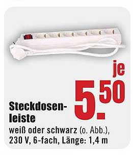 Steckdosenleiste 230 V, 6-fach, Länge: 1,4 m