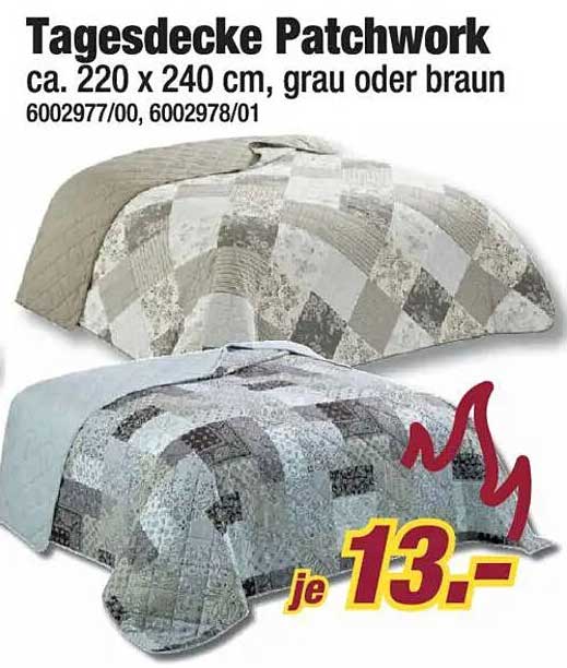 Tagesdecke Patchwork ca. 220 x 240 cm, grau oder braun