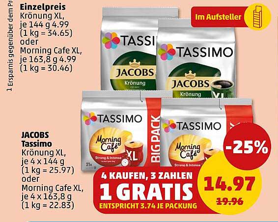 TASSIMO Jacobs Kronung XL oder Morning Cafe XL - 4 kaufen, 3 zahlen, 1 gratis