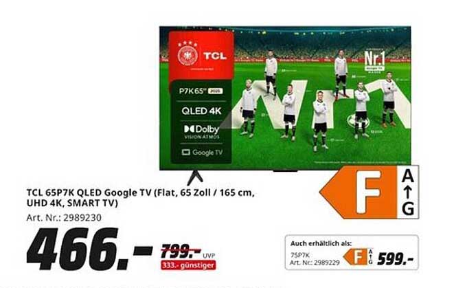 TCL 65P7K QLED Google TV (Flat, 65 Zoll / 165 cm, UHD 4K, SMART TV)