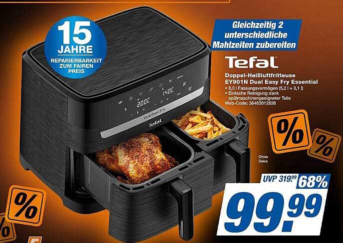 Tefal Doppel-Heißluftfritteuse EY901H Dual Easy Fry Essential