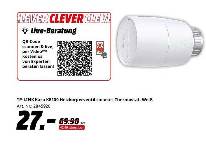 TP-LINK Kasa KE100 Heizkörperventil smartes Thermostat, Weiß