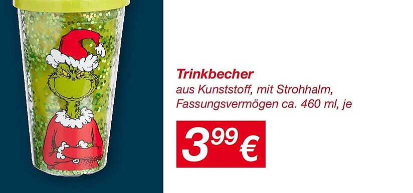 Trinkbecher aus Kunststoff mit Strohhalm, Fassungsvermögen ca. 460 ml