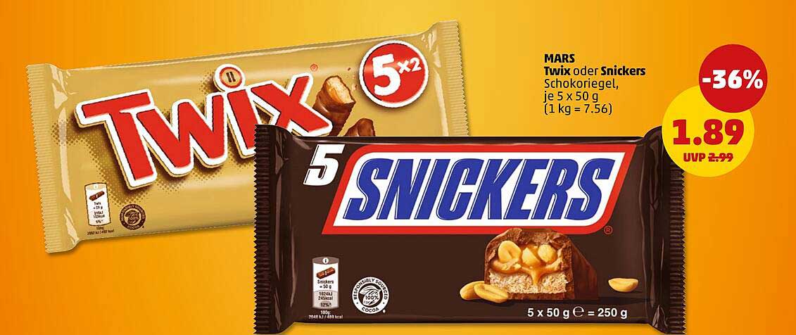 Twix oder Snickers Schokoriegel, je 5 x 50 g
