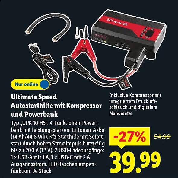 Ultimate Speed Autostarthilfe mit Kompressor und Powerbank