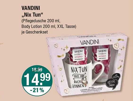 VANDINI „Nix Tun“ (Pflegedusche 200 ml, Body Lotion 200 ml, XXL Tasse) je Geschenkeset