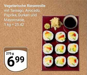 Vegetarische Riesenrolle mit Tamago, Avocado, Paprika, Gurken und Mayonnaise