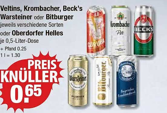 Veltins, Krombacher, Beck's, Warsteiner oder Bitburger 0,5-Liter-Dose zum Preis von 0,65 €