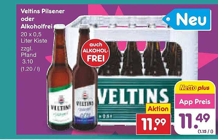 Veltins Pilsener oder Alkoholfrei - 20 x 0,5 Liter Kiste