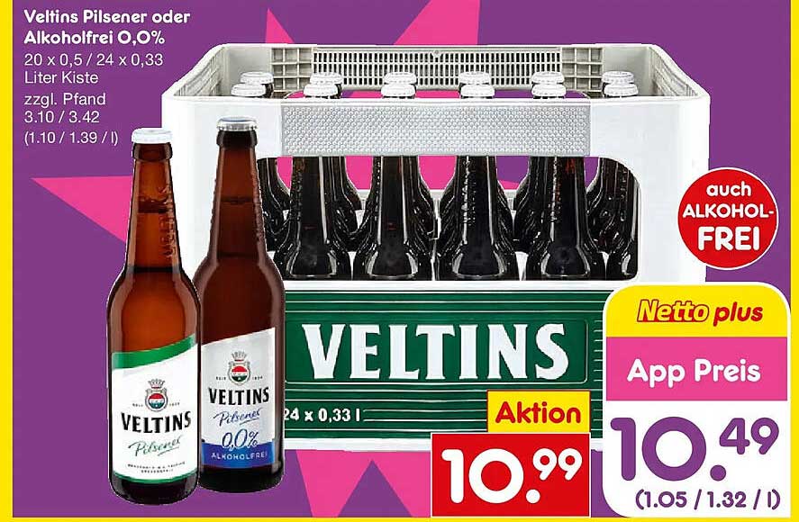 Veltins Pilsener oder Alkoholfrei O,0% - 20 x 0,5L / 24 x 0,33L Liter Kiste