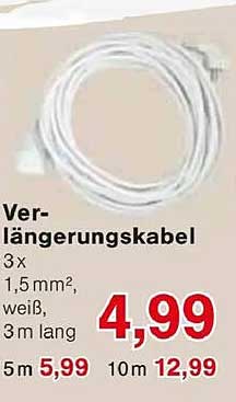 Verlängerungskabel 3-fach 1,5 mm², weiß, 3 m lang