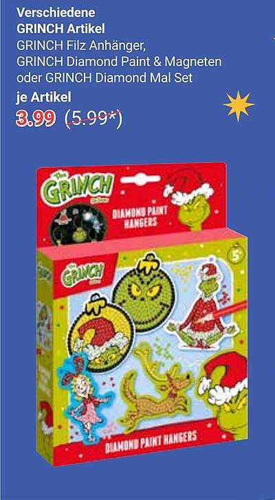 Verschiedene GRINCH Artikel: GRINCH Filz Anhänger, GRINCH Diamond Paint & Magnete oder GRINCH Diamond Mal Set