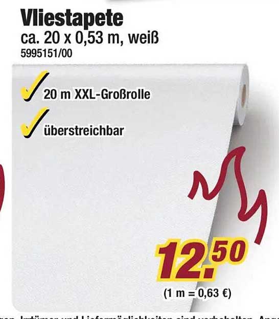 Vliestapete ca. 20 x 0,53 m, weiß