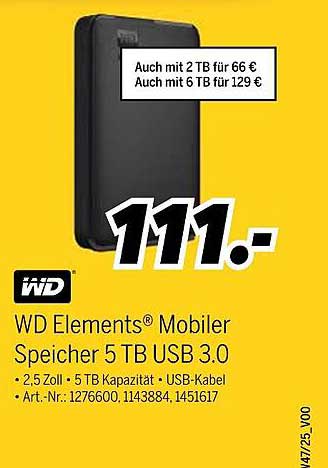 WD Elements® Mobiler Speicher 5 TB USB 3.0