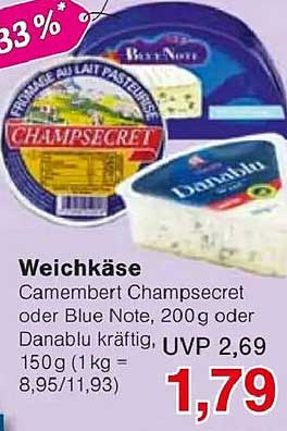 Weichkäse Camembert Champsecret oder Blue Note, 200 g oder Danablu kräftig