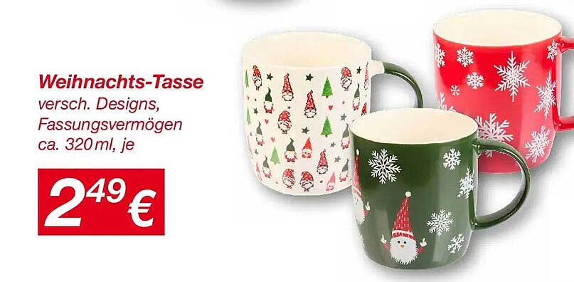 Weihnachts-Tasse - versch. Designs, Fassungsvermögen ca. 320ml, je