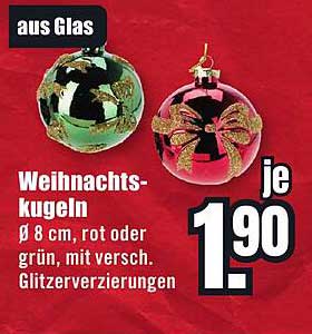 Weihnachtskugeln aus Glas, ø 8 cm, rot oder grün, mit verschiedenen Glitzerverzierungen