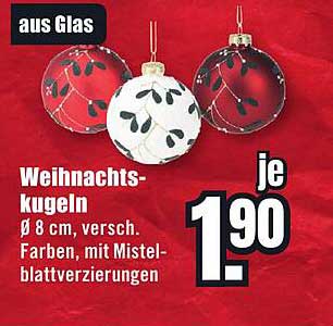 Weihnachtskugeln aus Glas, Ø 8 cm, verschiedene Farben, mit Mistelblattverzierungen