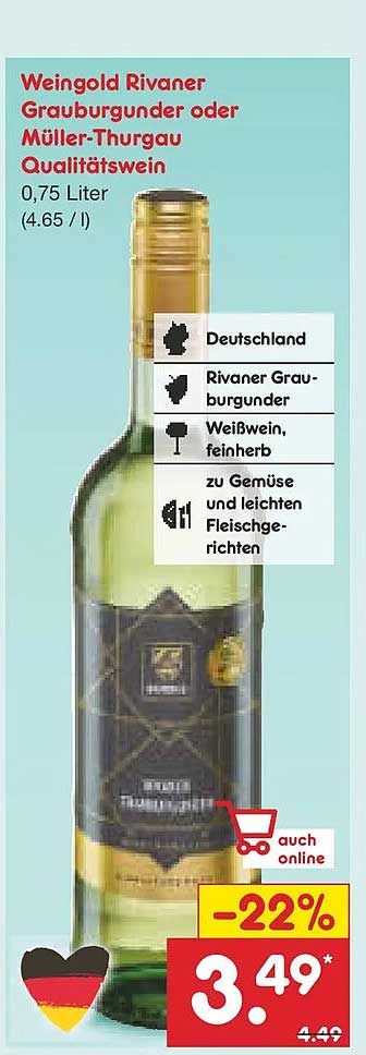 Weingold Rivaner Grauburgunder oder Müller-Thurgau Qualitätswein, 0,75 Liter