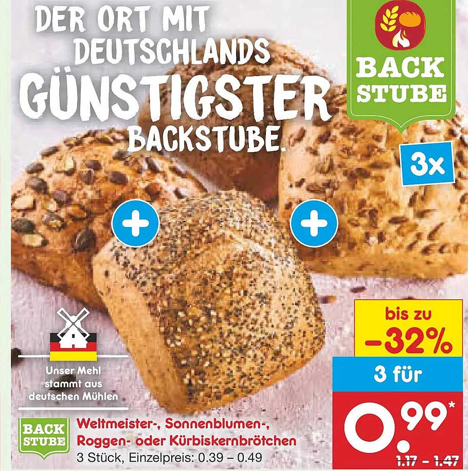Weltmeister-, Sonnenblumen-, Roggen- oder Kürbiskernbrötchen – 3 Stück für nur 0,99 €*