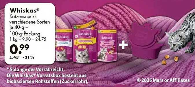 Whiskas® Katzensnacks verschiedene Sorten je 40-g - 100-g-Packung