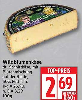 Wildblumenkäse, dt. Schnittkäse mit Blütenmischung auf der Rinde