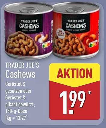 Trader Joe's Cashews - Geröstet & gesalzen oder geröstet und pikant gewürzt; 150-g-Dose