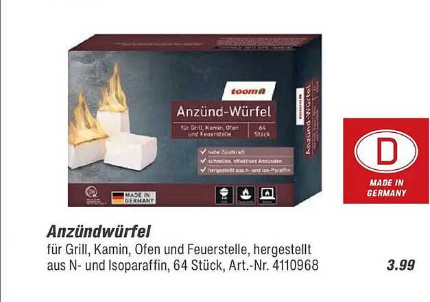 Anzündwürfel für Grill, Kamin, Ofen und Feuerstelle, hergestellt aus N- und Isoparaffin, 64 Stück, Art.-Nr. 4110968