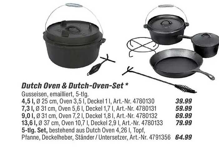 Dutch Oven & Dutch-Oven-Set * Gusseisen, emailliert, 5-tlg.
