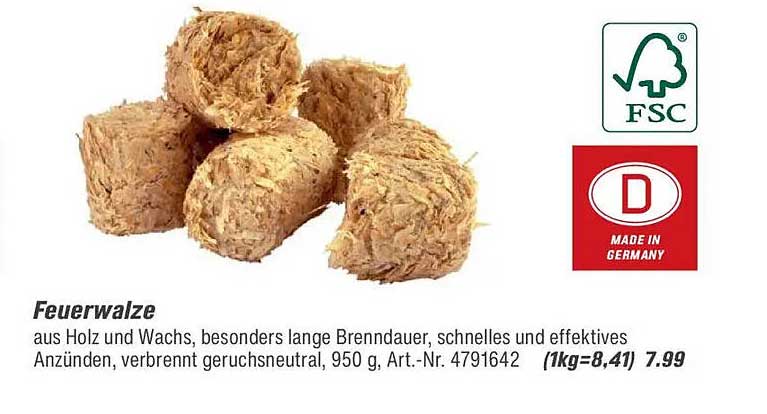 Feuerwalze aus Holz und Wachs, besonders lange Brenndauer, schnelles und effektives Anzünden, verbrennt geruchsneutral, 950 g, Art.-Nr. 4791642