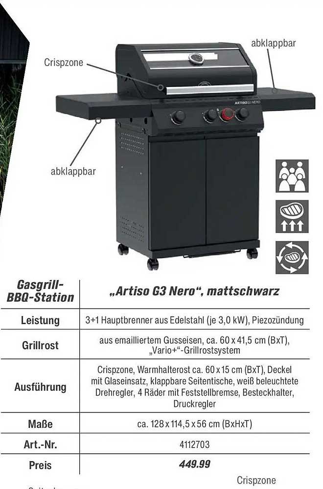 Gasgrill-BBQ-Station „Artiso G3 Nero“, matt schwarz