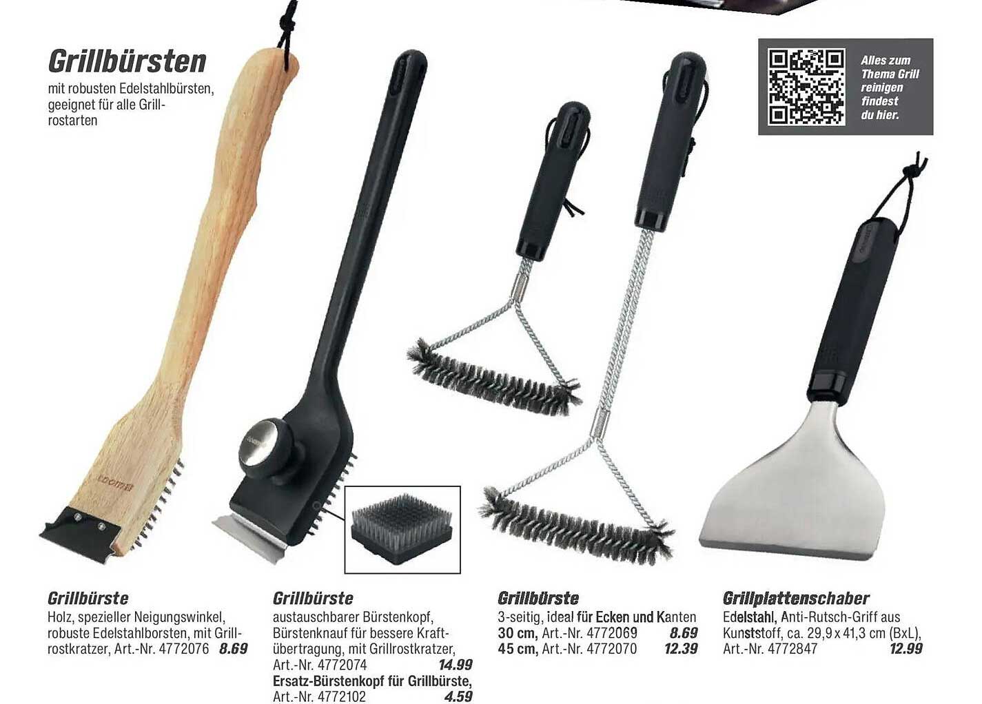 Grillbürste Holz, spezieller Neigungswinkel, robuste Edelstahlborsten, mit Grillrostkratzer, Art.-Nr. 4772076