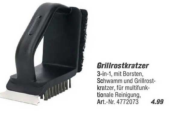 Grillrostkratzer 3-in-1, mit Borsten, Schwamm und Grillrostkratzer, für multifunktionale Reinigung, Art.-Nr. 4772073