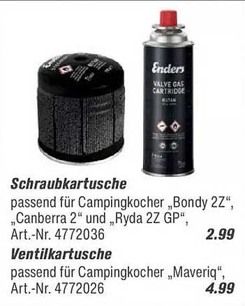 Schraubkartusche passend für Campingkocher „Bondy 2Z“, „Canberra 2“ und „Ryda 2Z GP“